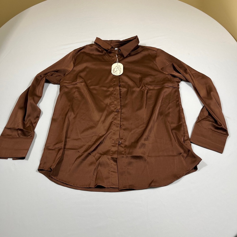Satin Button Down Blouse Womens Medium Brown Silky Long Sleeve Top